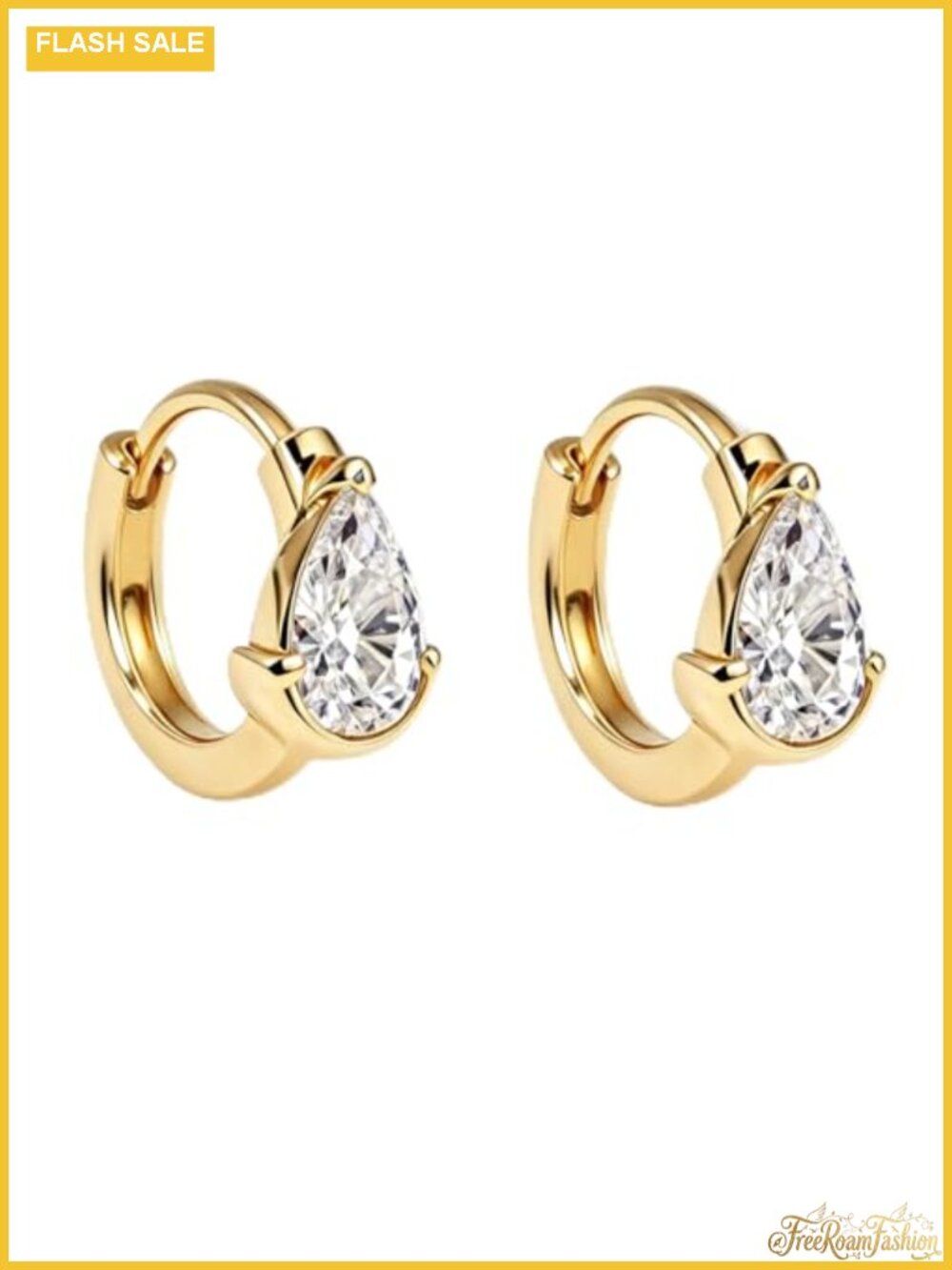 14K Gold Plated Brass Teardrop CZ Huggie Earrings for Women